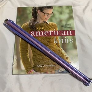 New “American Knits” pattern book with 2 sets of knitting needles sz 9 & size 13